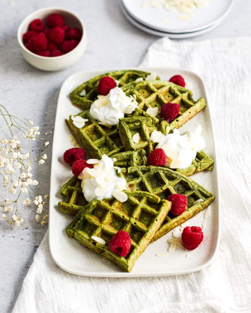Healthy Matcha Waffles With Yogurt and Raspberries