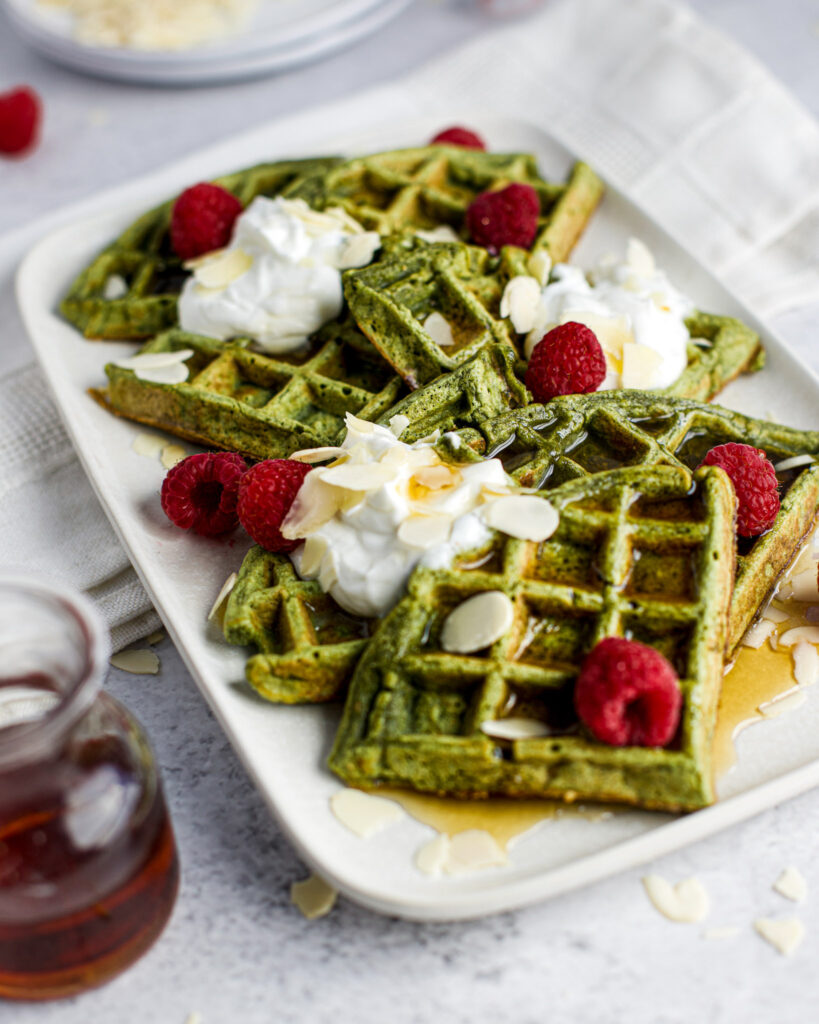 Healthy Matcha Waffles With Yogurt and Raspberries