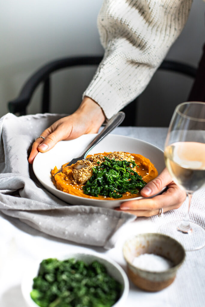 Sesame Cod With Sweet Potato Puree and Kale
