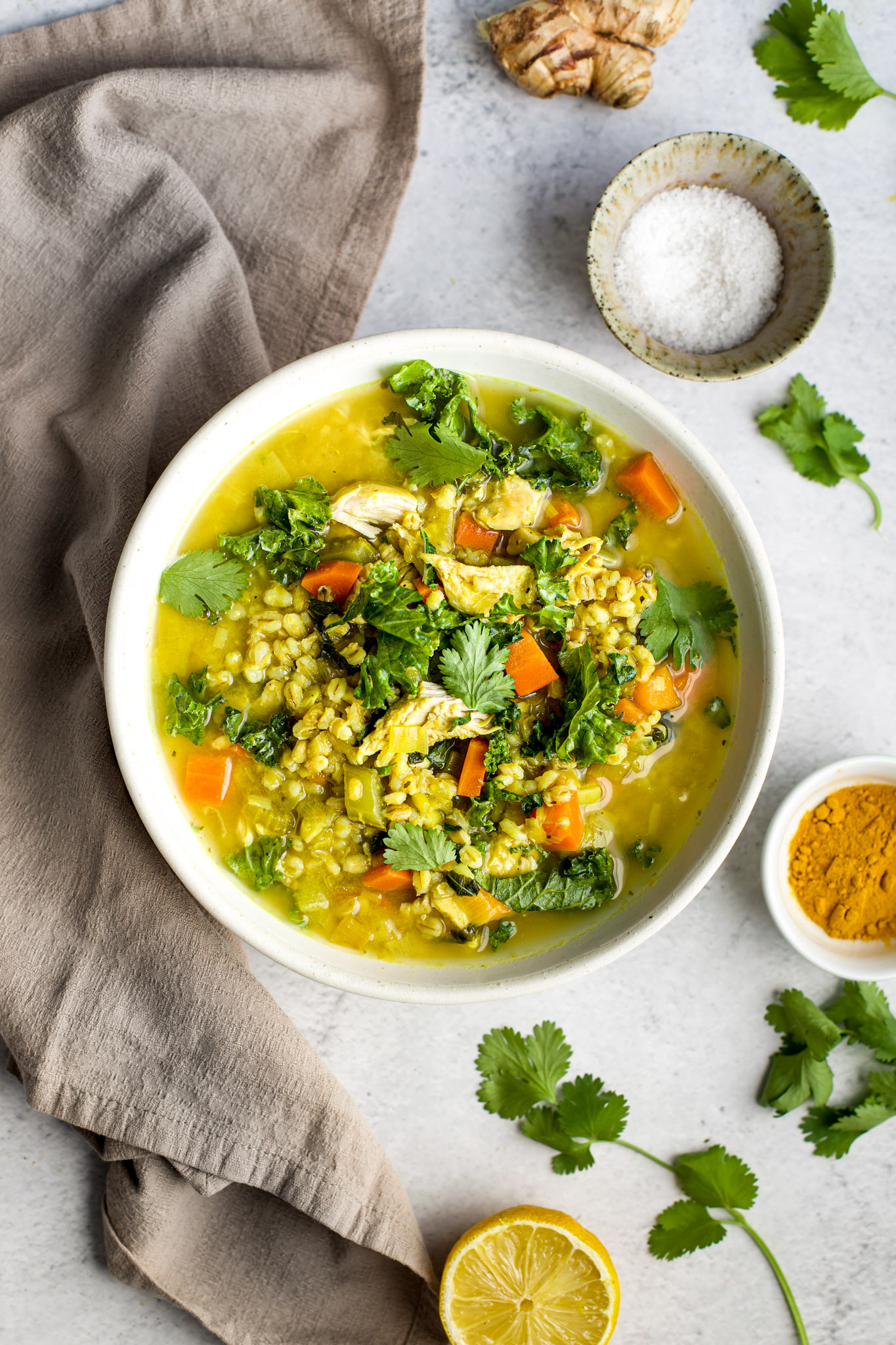Comforting Barley, Chicken & Turmeric Soup