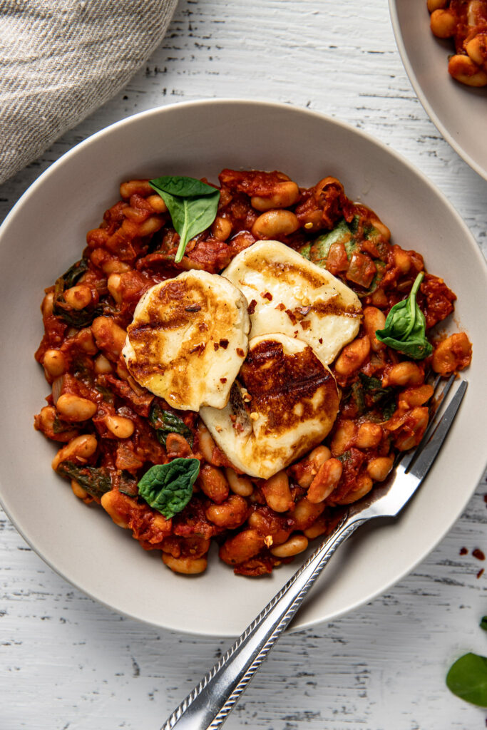 White Beans Tomato Sauce with Halloumi