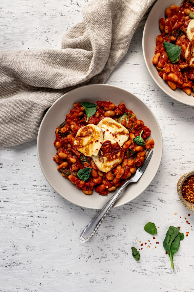 White Beans Tomato Sauce with Halloumi