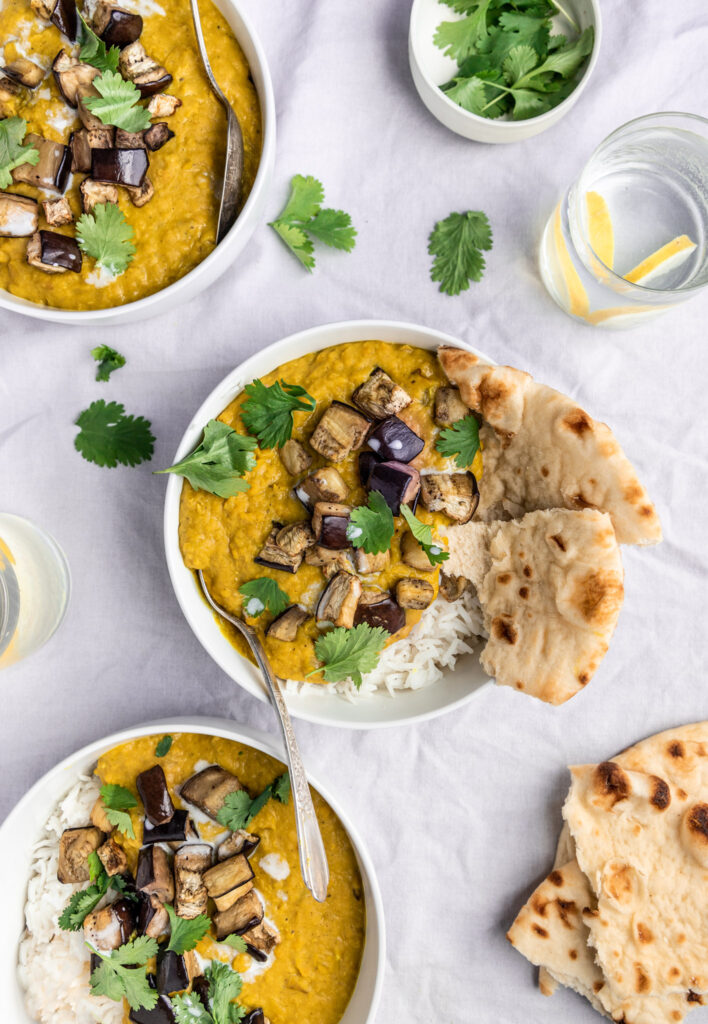 Coconut Dahl Roasted Eggplant