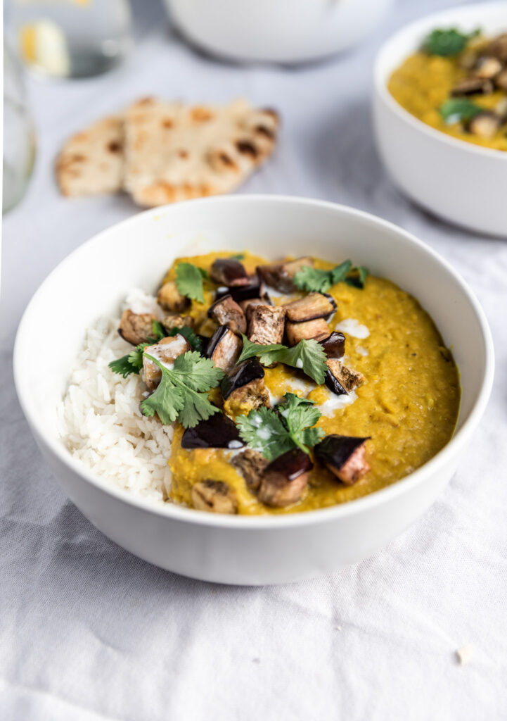 Coconut Dahl Roasted Eggplant
