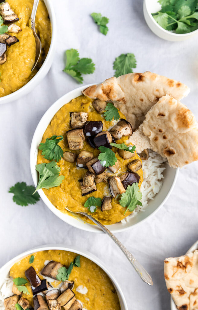 Coconut Dahl Roasted Eggplant