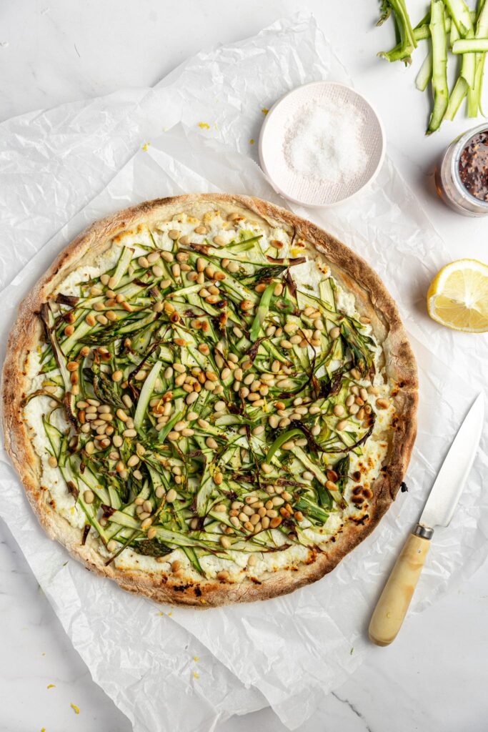 Asparagus Pizza Bianca with Ricotta Sauce