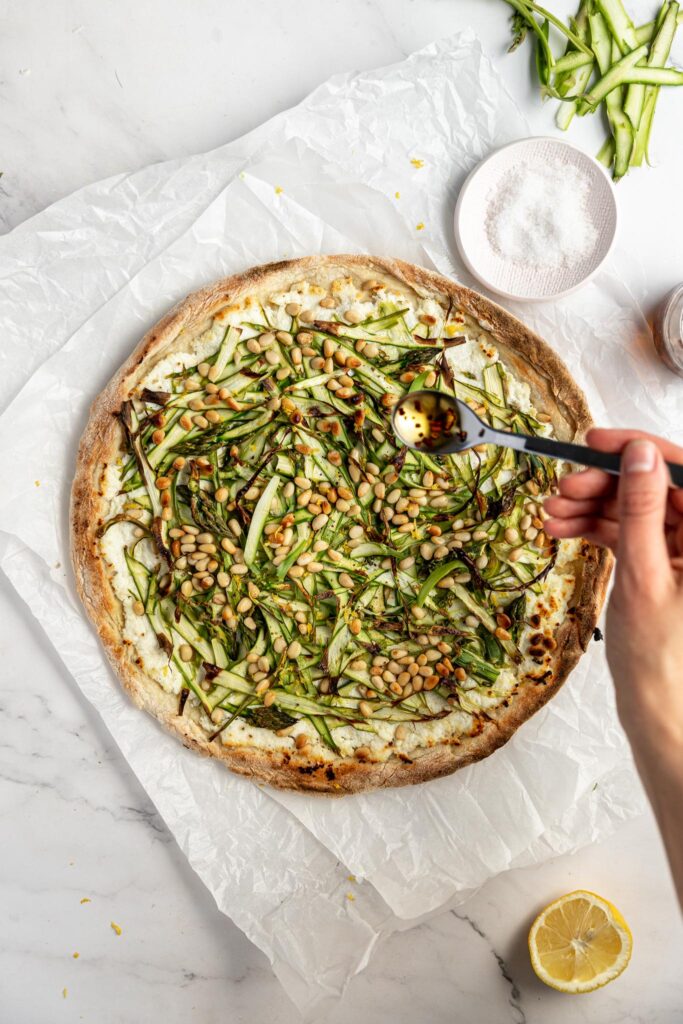 Asparagus Pizza Bianca with Ricotta Sauce