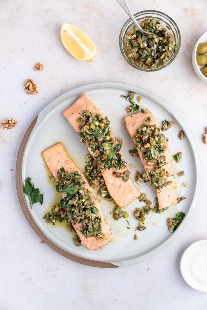 Salmon Filet with Green Olive & Walnut Salsa