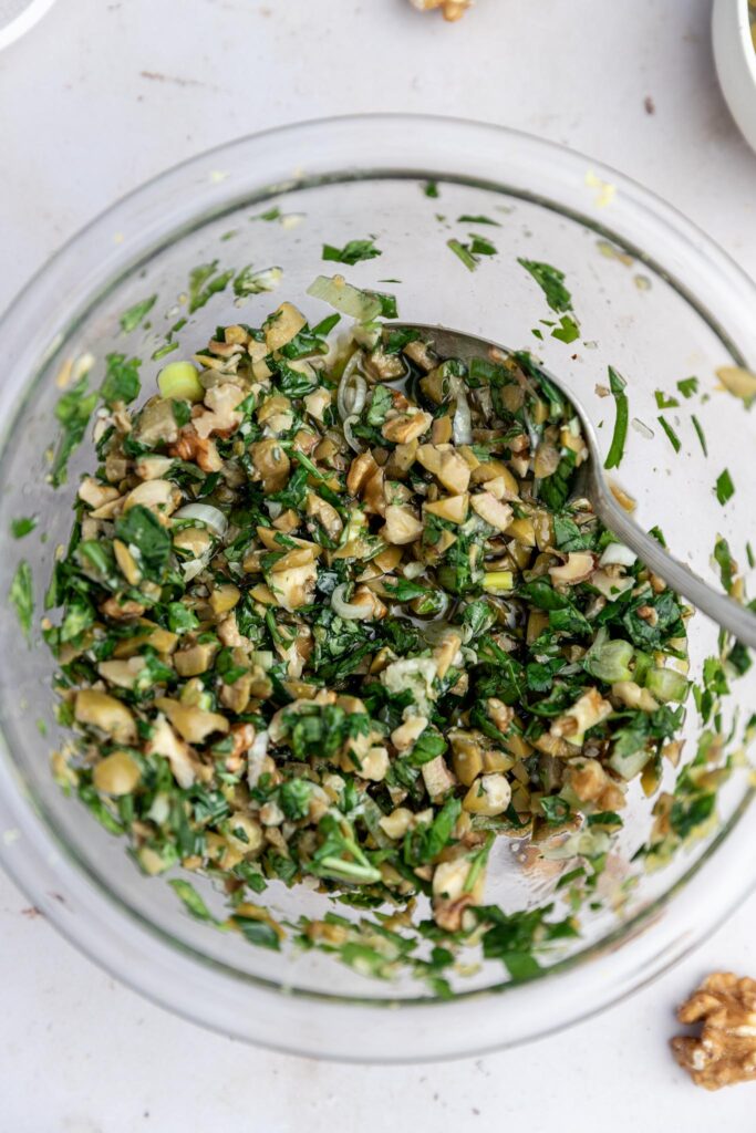 Salmon Filet with Green Olive & Walnut Salsa