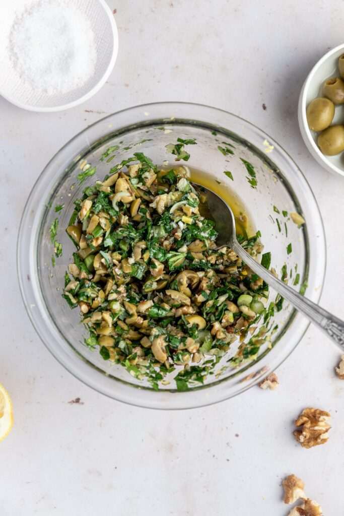 Salmon Filet with Green Olive & Walnut Salsa