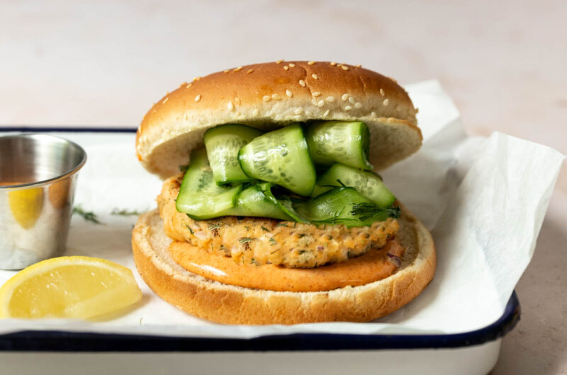 Salmon Burgers with Paprika Mayo and Cucumbers