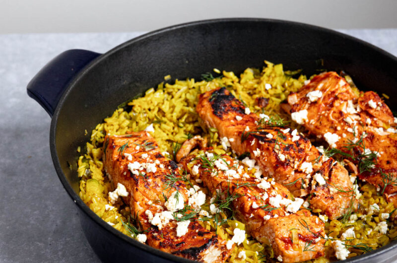 One Pot Harissa Salmon with Brussel Sprouts Rice