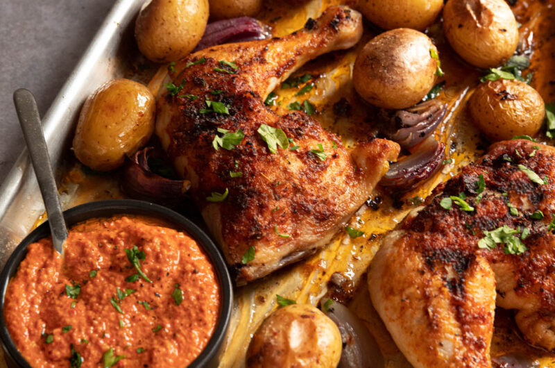 Chicken and Potatoes Sheet Pan with Romesco Sauce